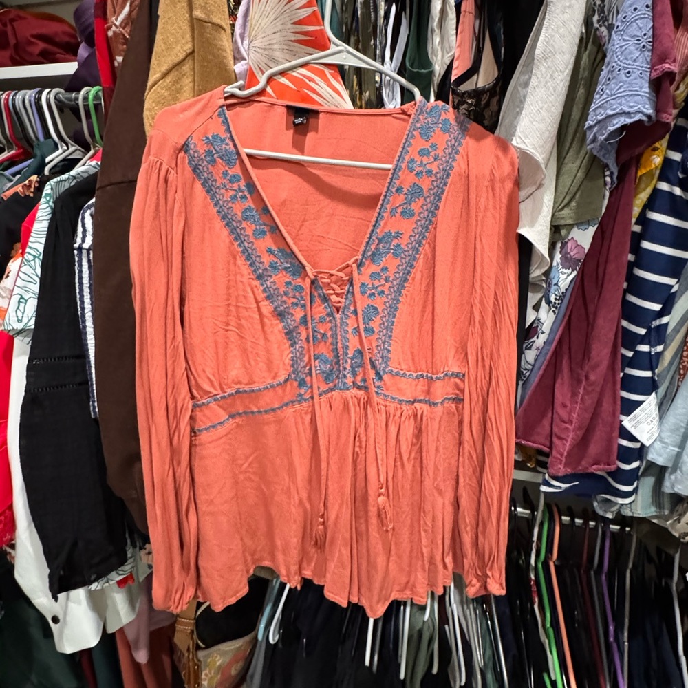 Torrid Coral Blouse with Blue Detailing